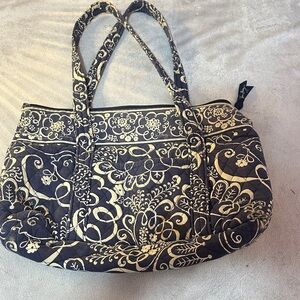Floral Patterned Black and Cream Tote Bag